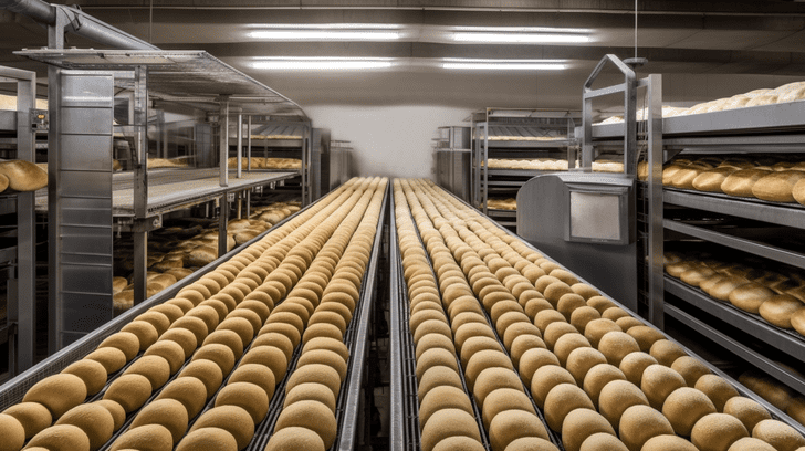 Fabrication industrielle de pains. Une centaine de pains sont alignés sur un tapis mecanique.
