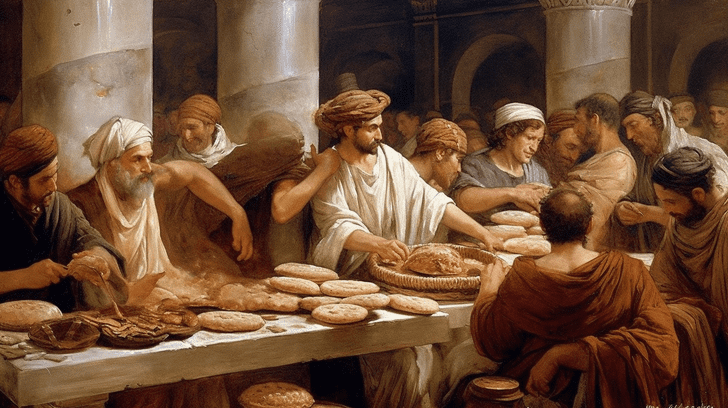 population romaine qui partage le pain au repas