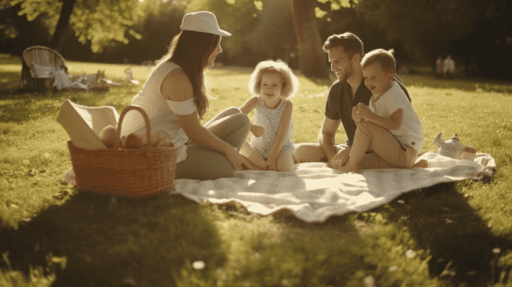couple et leurs enfants qui partagent un pain de seigle dans un parc