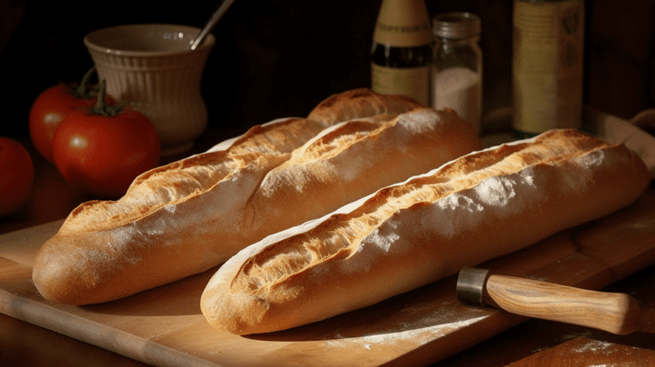 2 belles baguettes de campagne sur une planche à découper