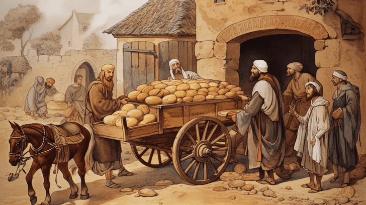 pain d'épice au village dans une charette au moyen âge