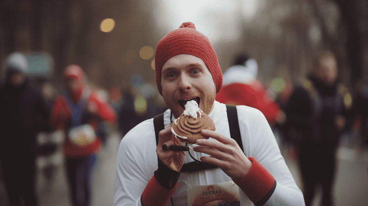 Homme sportif mange un pain d'épice pendant le marathon de course à pied
