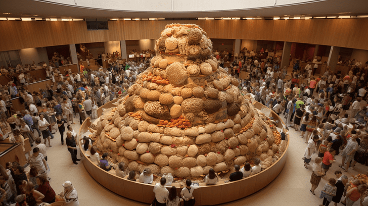 pièce montée de pains artisanaux délicieux au milieu d'une salle remplie de personnes
