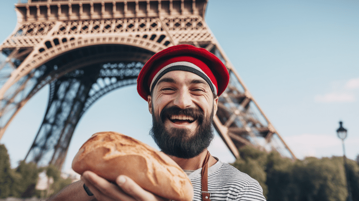 homme français heureux devant la Tour Eiffel à Paris avec son béret et sa baguette de pain tradition