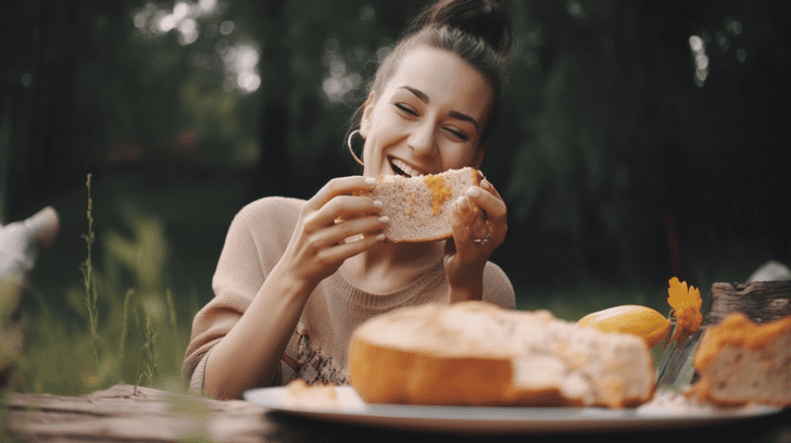 femme souriante, heureuse et en bonne santé tenant du pain sans gluten dans les mains