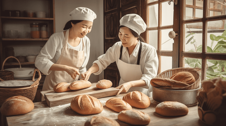 deux amis heureux de faire du pain maison
