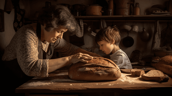 pain complet familial sorti du four par une grand-mère et son petit-fils
