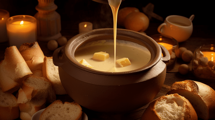 Marmite de fondue au fromage avec du pain