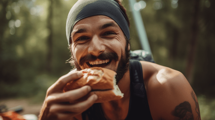 sportif montagnard en bonne santé et heureux de manger un bon sandwich au pain complet artisanal