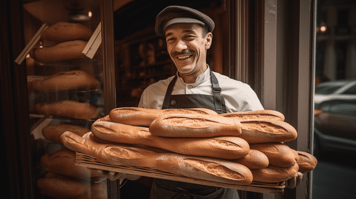 boulanger heureux et joyeux de livrer son pain à la sortie de sa boulangerie