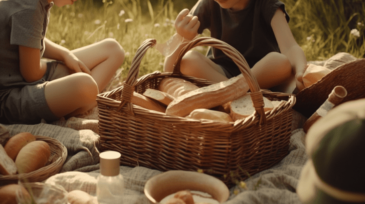 2 enfants pic-nic ensemble avec du bon pain dans un champ en campagne