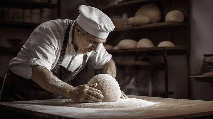 boulanger traditionnel d'époque qui pétri son pain artisanal au fournil sur son plan de travail