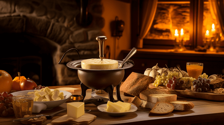 plat de fondue savoyarde sur une belle table de salle à manger avec du bon pain et des bons ingrédients pour accompagner et des bougies pour taiser l'ambiance