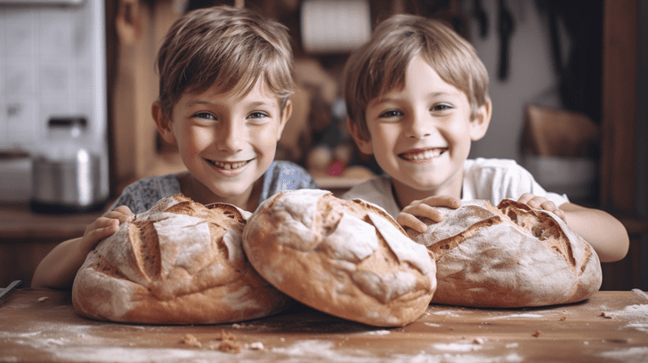 2 enfants heureux avec 3 pains devant eux posés sur une table de cuisine