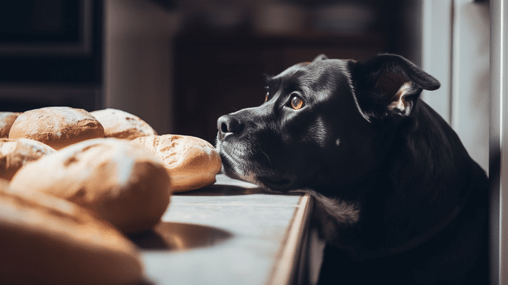 un chien aux poils noir renifle le pain sur la table de cuisine