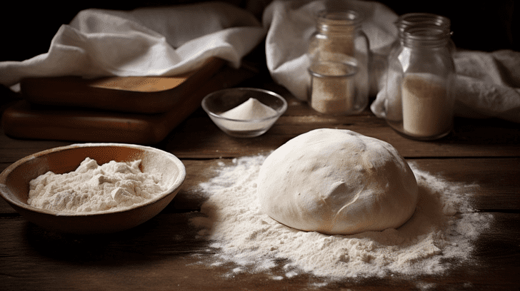 farine et pâte à pain étalé sur un plan de travail avec des ingrédients pour fabriquer du pain