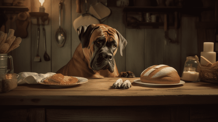 un merveilleux chien gentil qui attend l'accord pour croquer du pain sur la table de cuisine