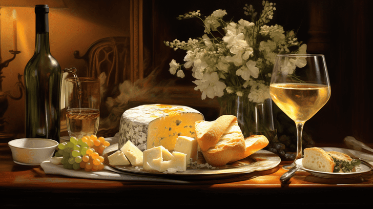 jolie et délicieux plateau de fromages avec un verre de vin dans une ambiance tamisée