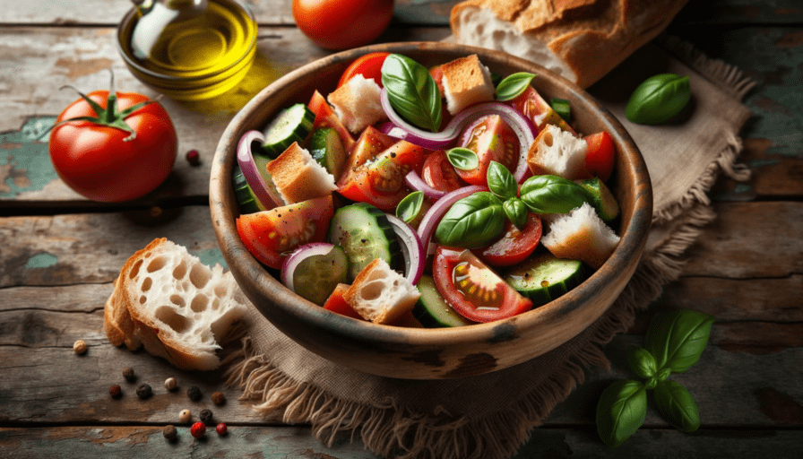 Salade de pain rassis en morceaux mélangé avec des tomates fraîches coupées, du concombre, de l'oignon rouge, du basilic, de l'huile d'olive, du vinaigre, du sel et du poivre dans un bol