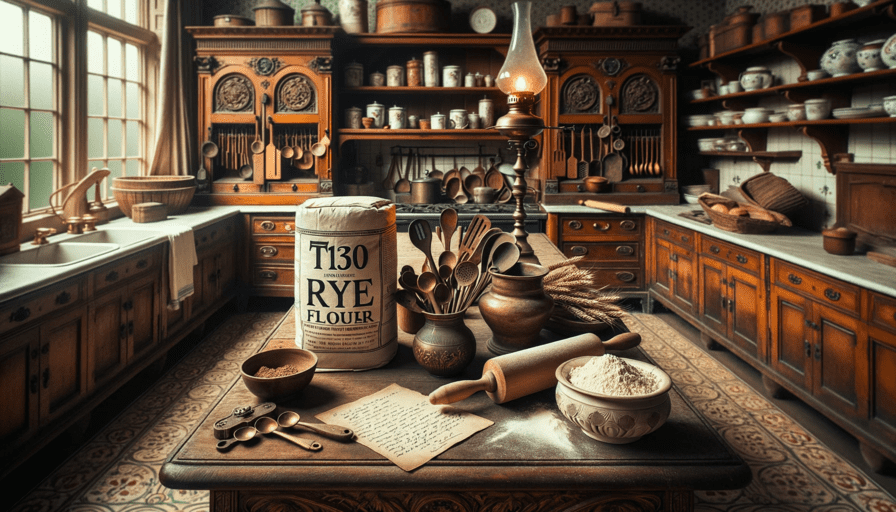 sac de farine de seigle T130 sur une table de cuisine à l'ancienne