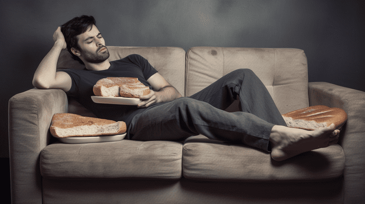homme fatigué de manger du pain sur son canapé