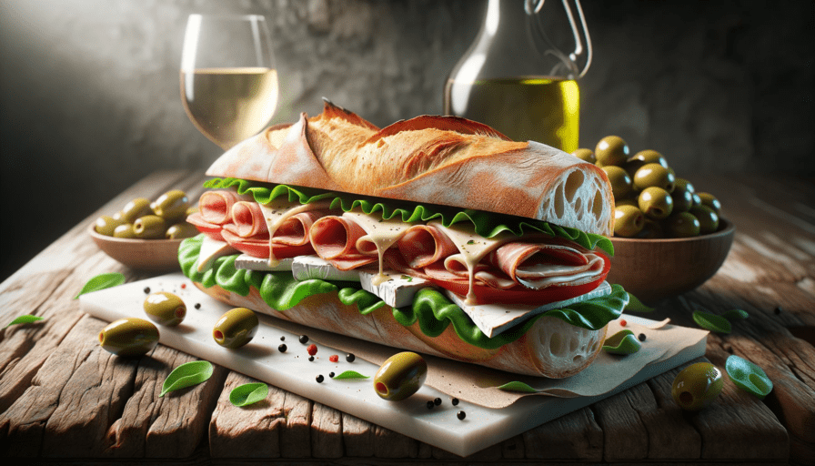 savoureux sandwich de baguette de pain croustillante avec de la salade, des tomates fraîches, du fromage, du jambon de pays et des olives