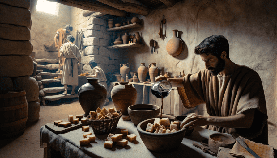 Romains trempent des croutons de pains dur dans du vin ou du vinaigre pour les ramollir et les consommer