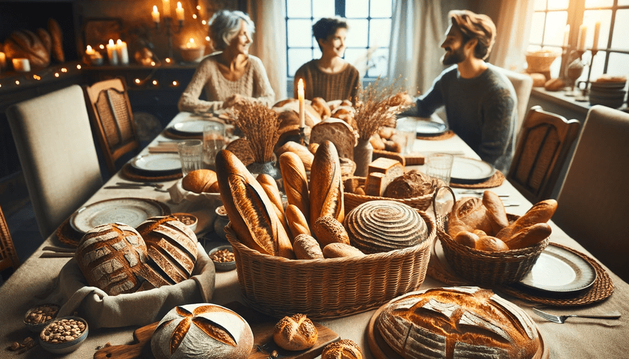 plusieurs pains artisanales savoureux et croustillants préparés pour un repas de famille