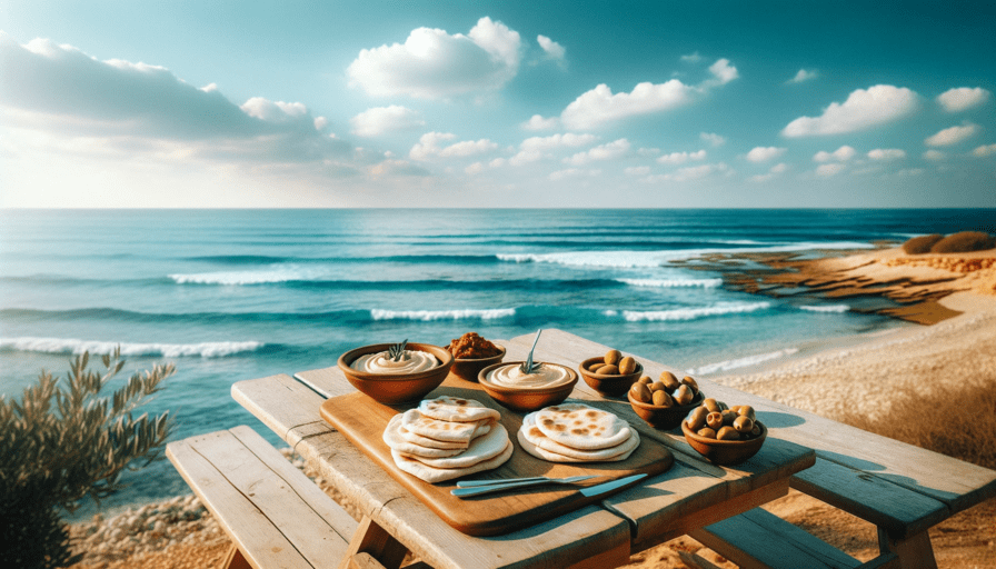pain pita disposé sur une table de pique nique au bord de l’ocean