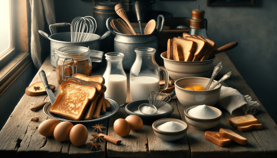 les ingrédients clés du pain perdu disposés sur une table de cuisine de campagne