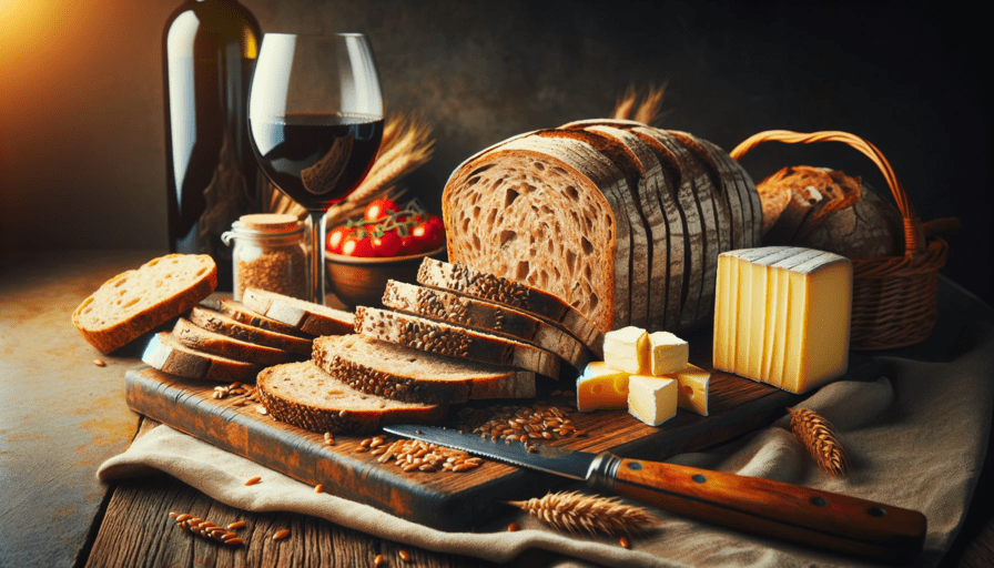 joli pains de grains entiers découpés en tranche sur une planche en bois à découper avec du beurre, du fromage, un verre de vin rouge