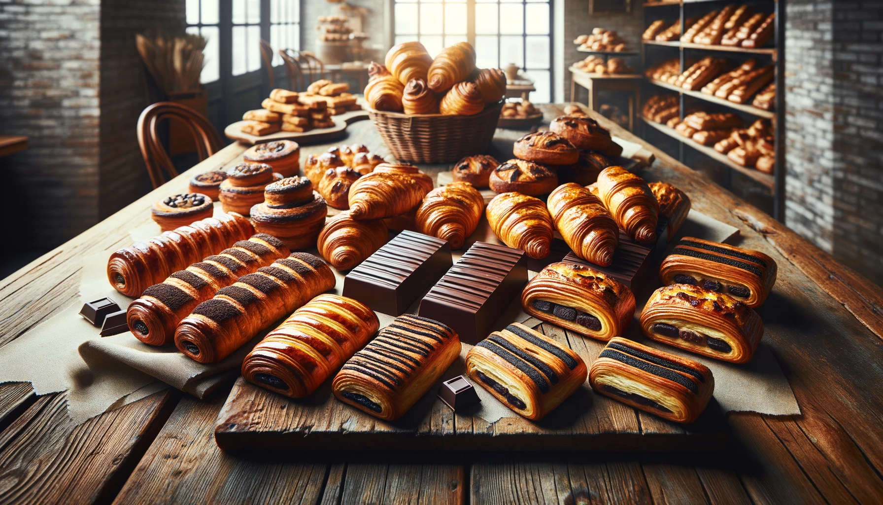 pains au chocolat français classique présentés dans une vitrine de boulangeries