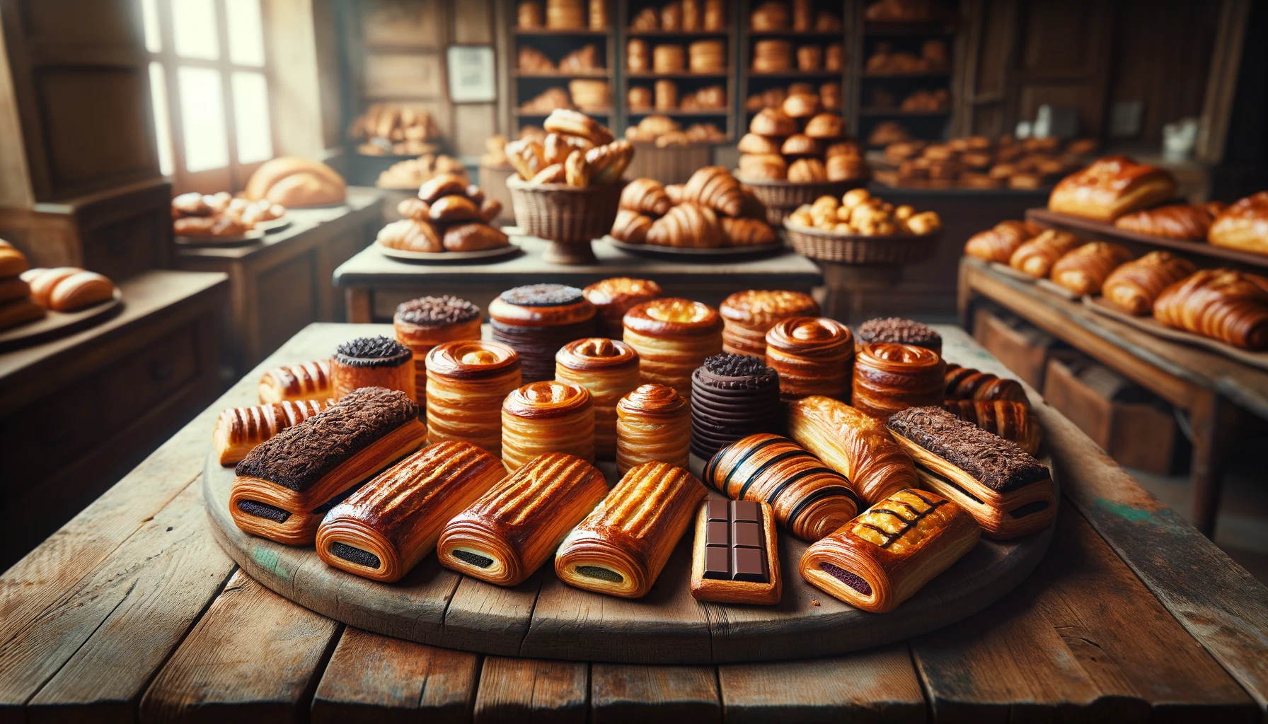 pains au chocolat français classique présentés dans une vitrine de boulangeries